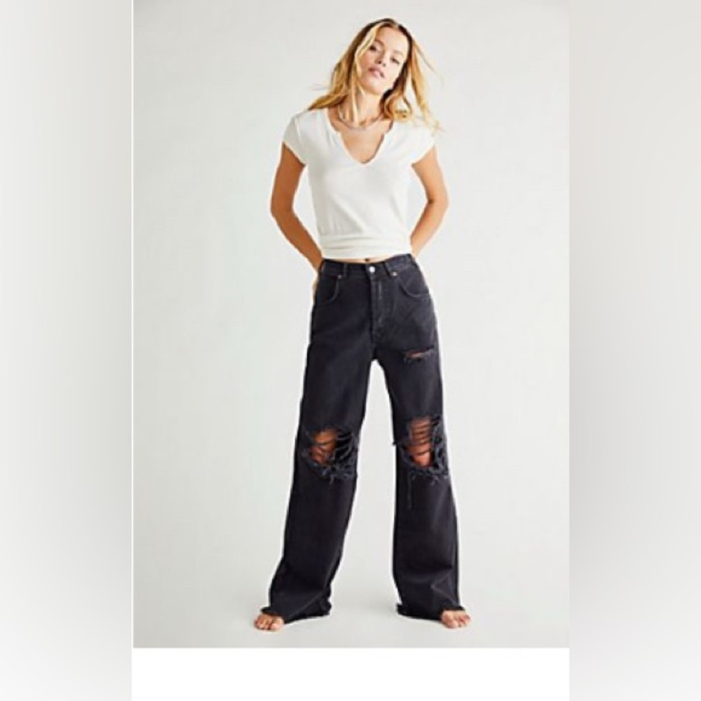 Free People Black Distressed Wide-Leg Jeans